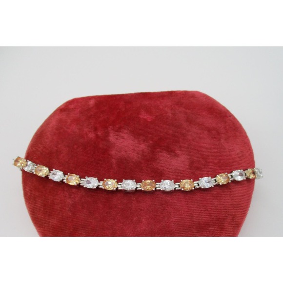 Vintage Sterling Silver 925 Orange and Clear Rhinestone Tennis Bracelet 7.75 In - Picture 5 of 7